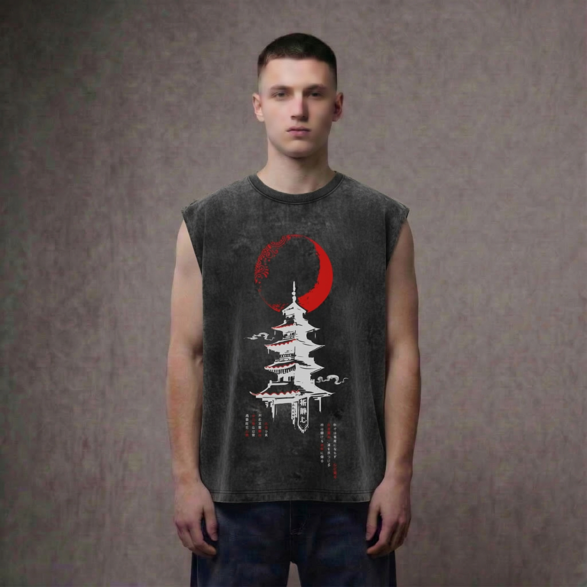 The Crimson Pagoda - Anime Acid Wash Oversized Tank