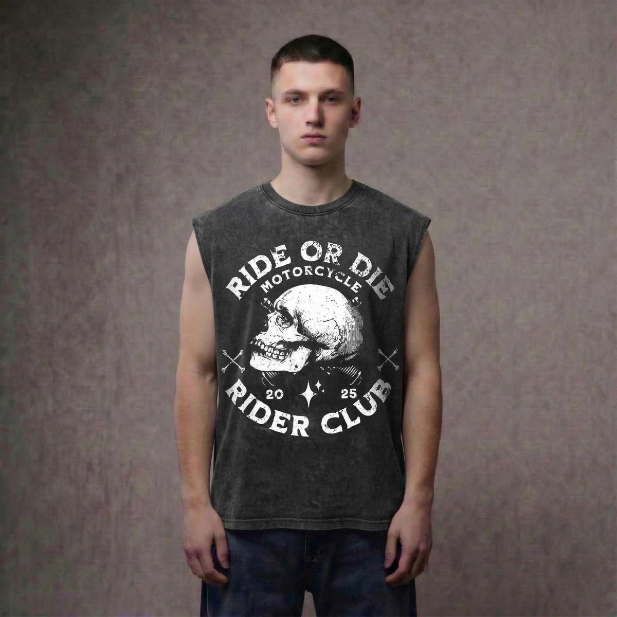 Ride or Die – Skull Biker Club Acid Wash Oversized Tank