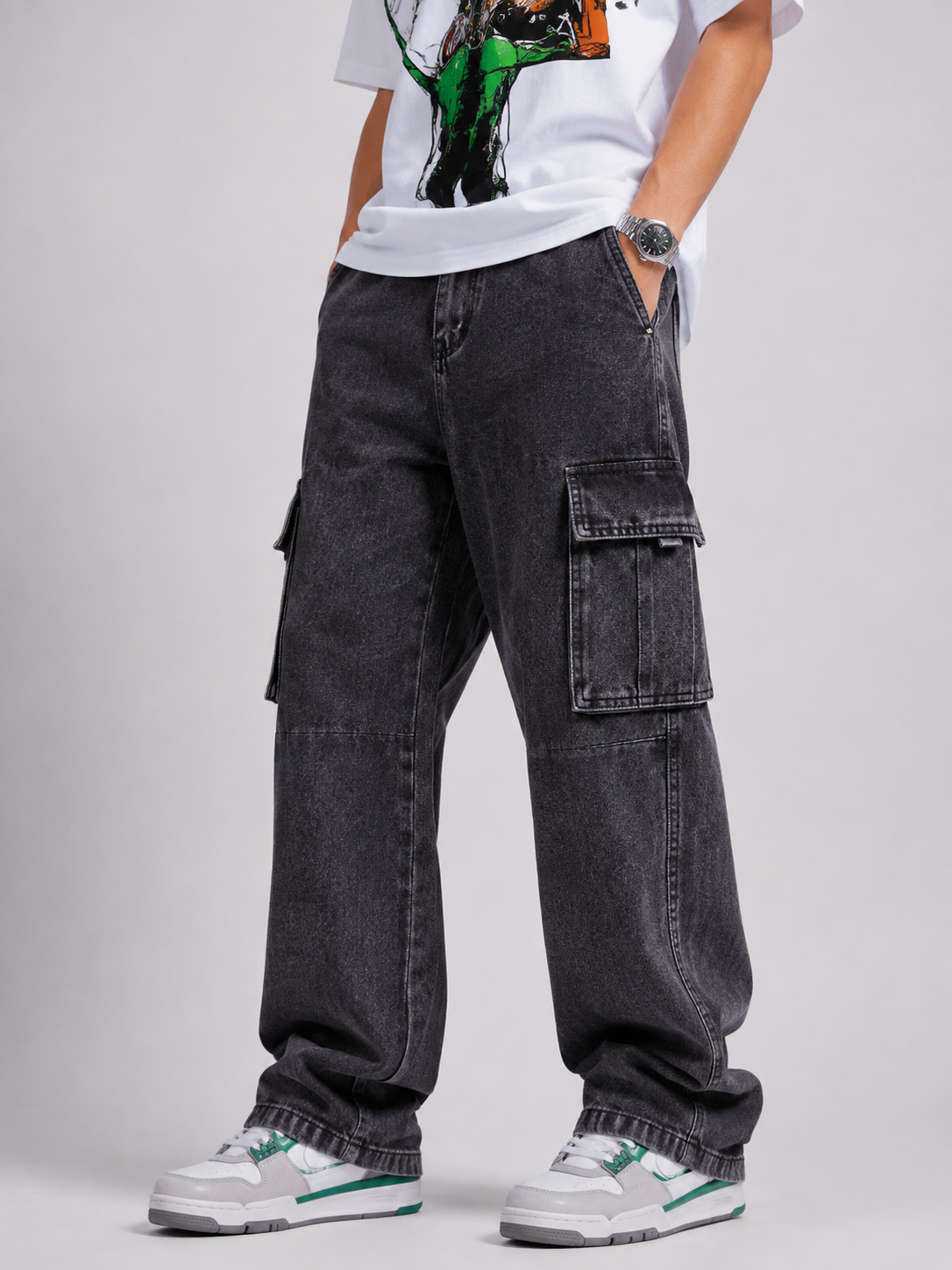 Urban Black – Baggy Straight Cargo Jeans