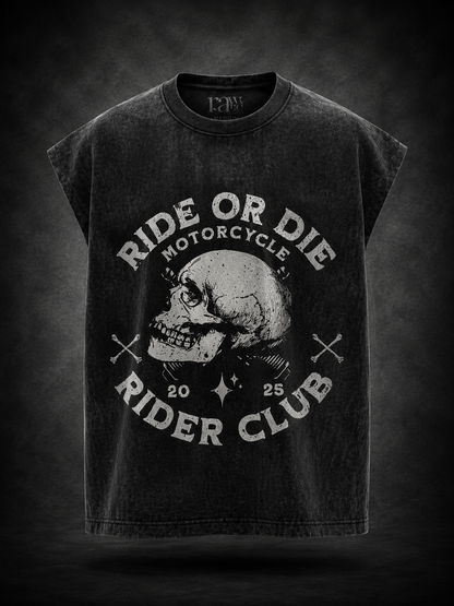 Ride or Die – Skull Biker Club Acid Wash Oversized Tank