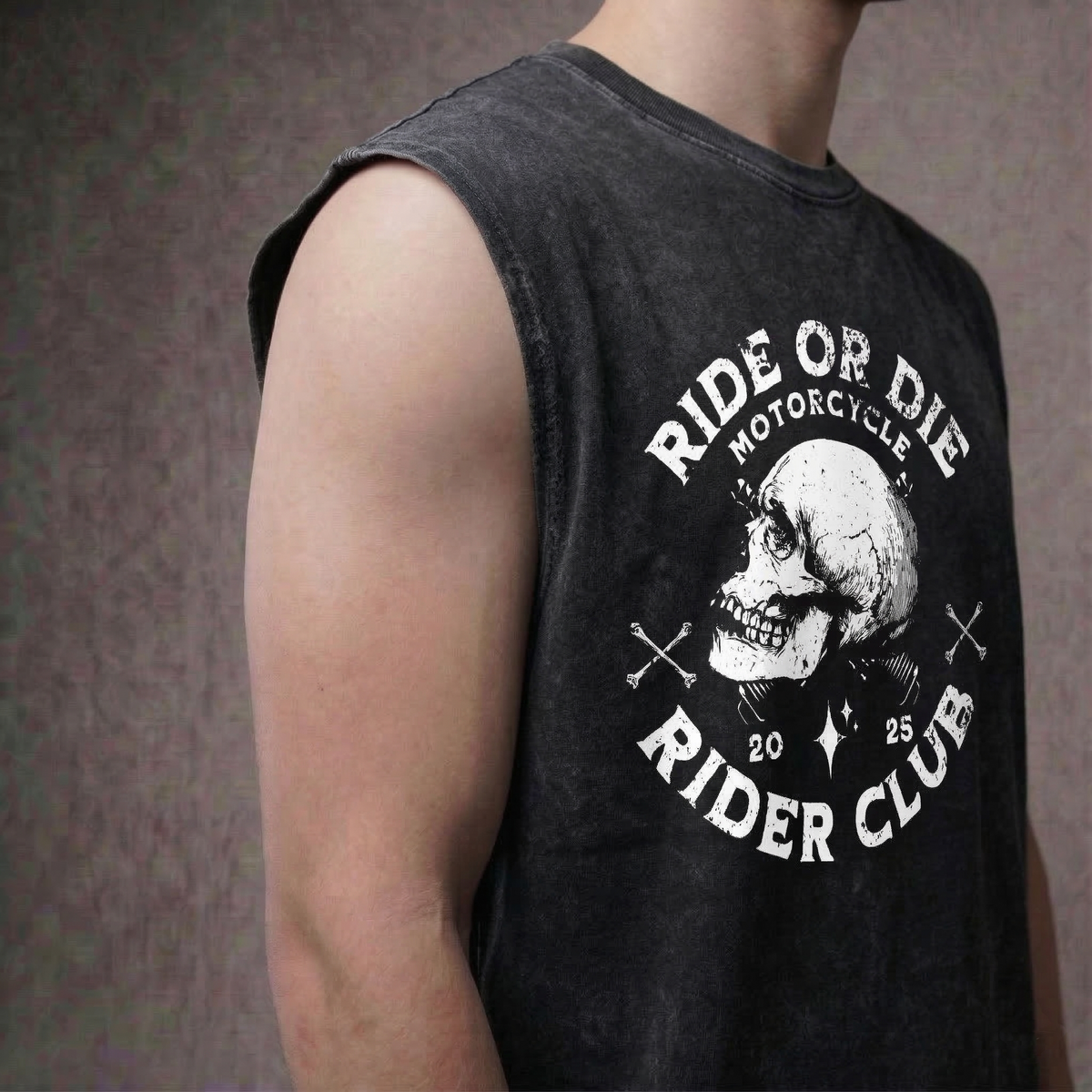 Ride or Die – Skull Biker Club Acid Wash Oversized Tank