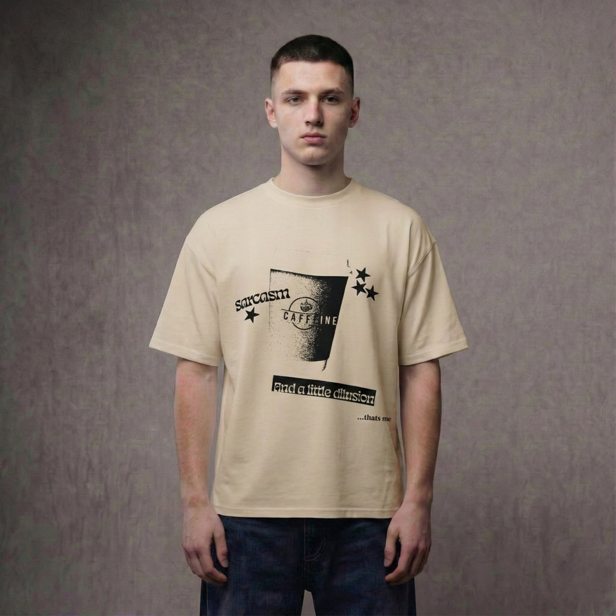 SARCASM, CAFFEINE & A LITTLE DELUSION – Oversized T-Shirt